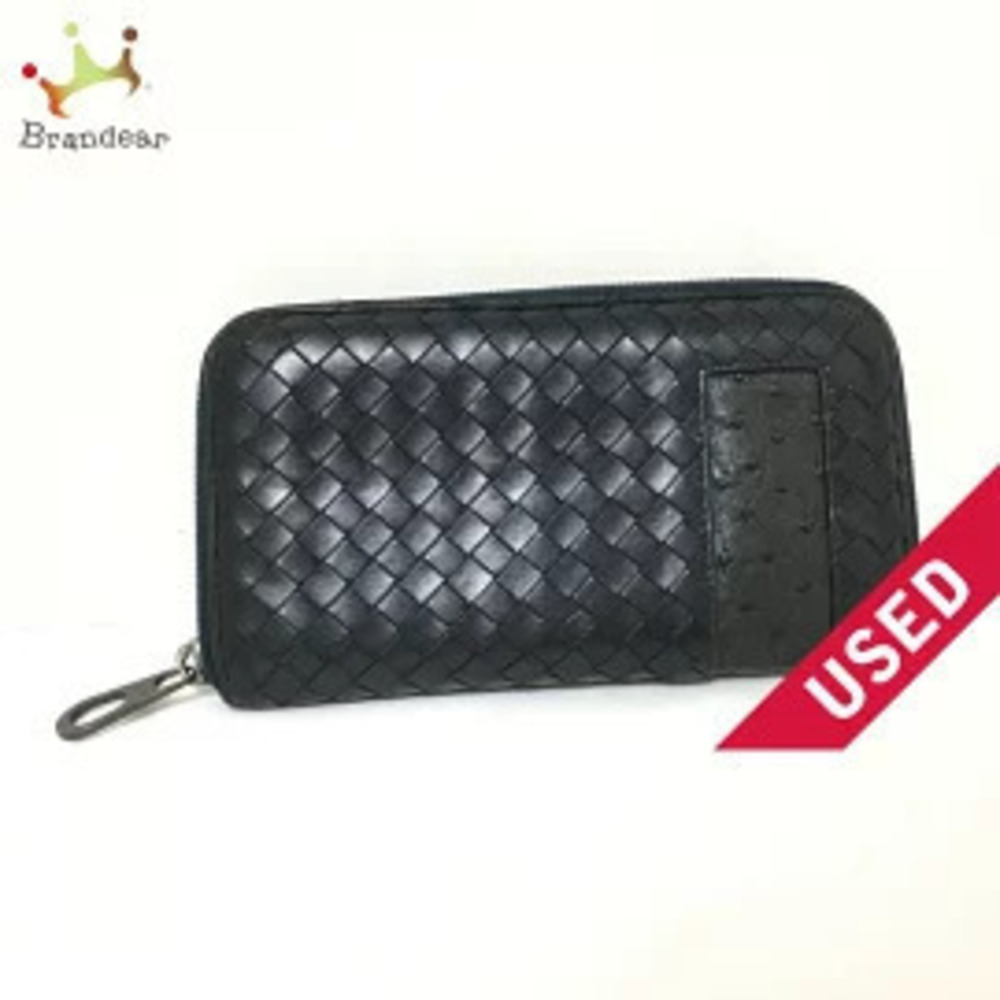 BOTTEGA VENETA Zip Around Wallet Long Black Leather x Ostrich